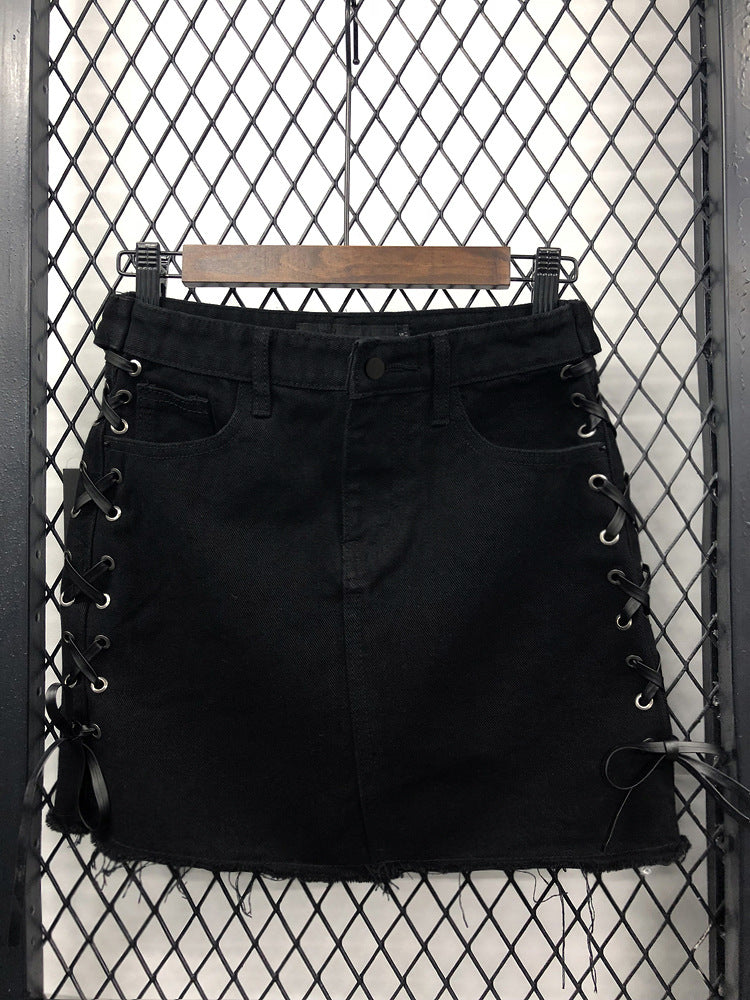 Side strap high waistwomen's denim skirtA line skirt  3718