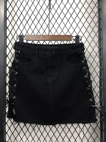 Side strap high waistwomen's denim skirtA line skirt  3718