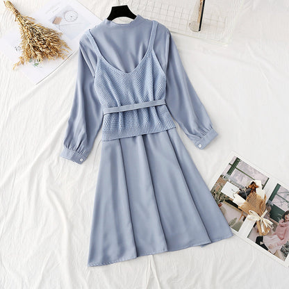 Foreign style college style long sleeve bottomed skirt + suspender vest  4449