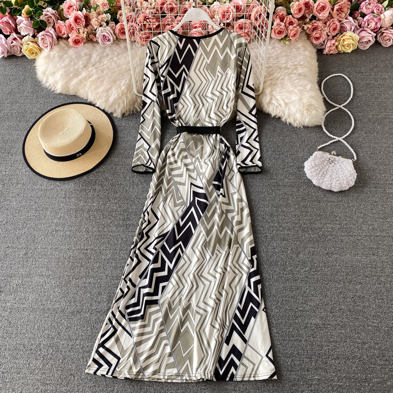 One piece split lace up wrap skirt with slim waist geometric print skirt  3783