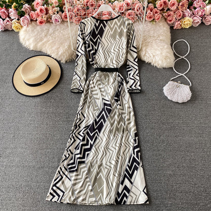 One piece split lace up wrap skirt with slim waist geometric print skirt  3783