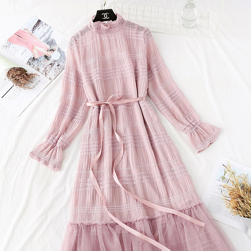 Gentle wind wood ear Chiffon bottomed long skirt temperament  3987