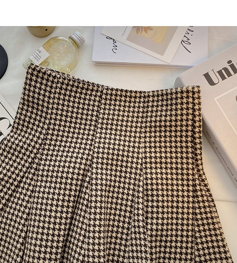 Design sense of niche Hong Kong style high waist thousand bird check skirt  5299