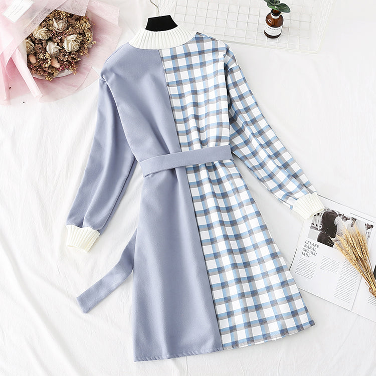 New Plaid color blocking small man with a bottomed skirt at the waist  4484