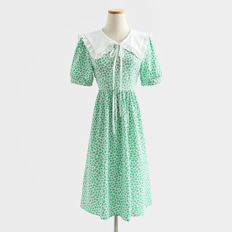 French retro doll neck cotton linen Floral Dress  4290