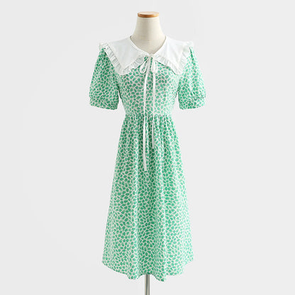 French retro doll neck cotton linen Floral Dress  4290