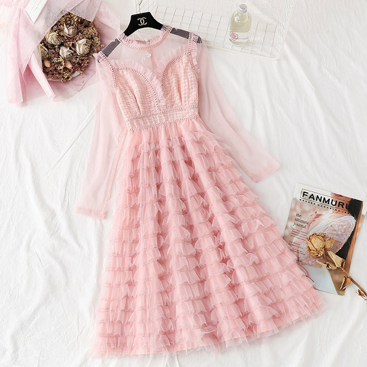 Mesh lace dress small fragrance layer upon layer cake long skirt  4294