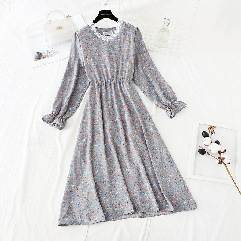 Korean cut waist lace up floral dress looks thin and bottomed skirt  4840