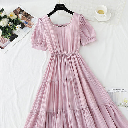French square neck cotton linen dress  4275