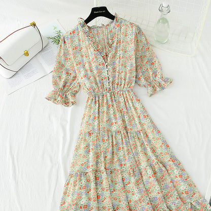 New sweet Floral Chiffon French V-neck slim fairy skirt  4872