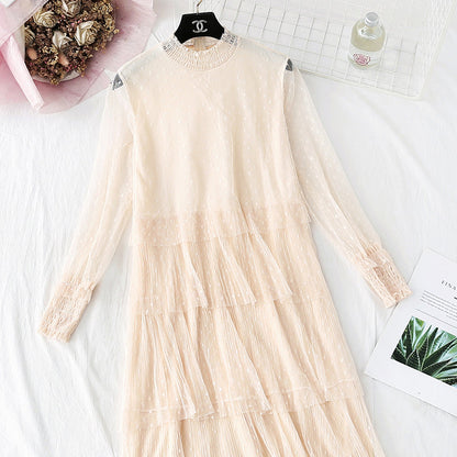 Japanese soft wind mesh cake bottomed long skirt  4494