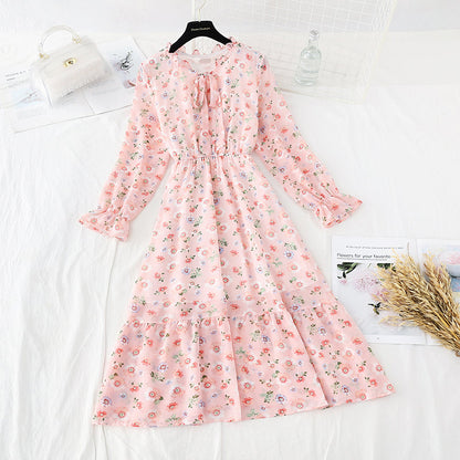Lace up collar French soft wind Floral Dress  3837