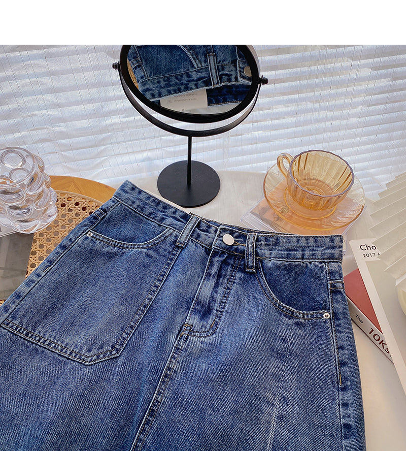 Denim skirt solid split high waist A-line skirt  5358