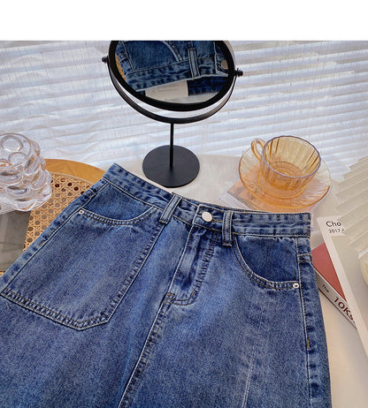 Denim skirt solid split high waist A-line skirt  5358