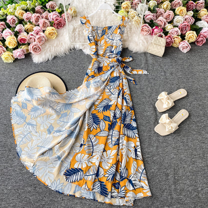 Ruffle lace up suspender Dress Chiffon Floral Dress  3790