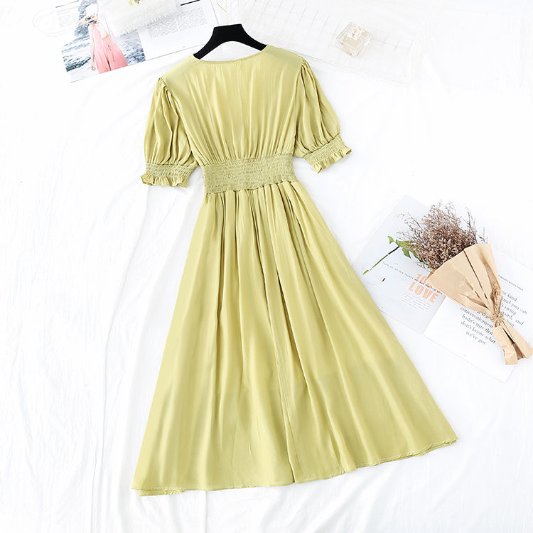 New super fairy bubble sleeve gentle wind high waist slim dress  4688