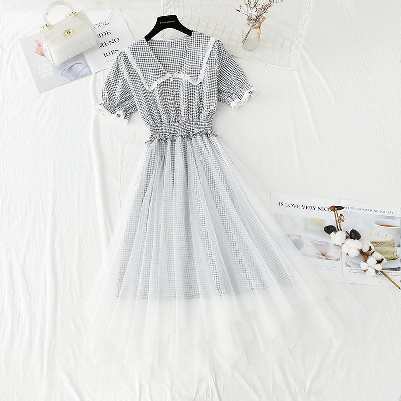 Cotton linen dress Plaid gauze fairy skirt French doll collar  4425
