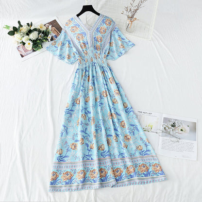 Cotton linen dress French retro V-neck national style  4258