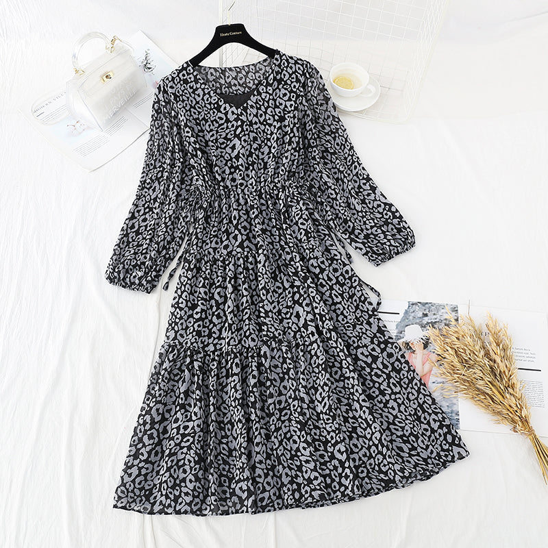 Long sleeved Chiffon Dress leopard print floral retro French bottomed skirt  4697