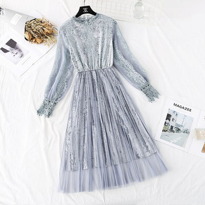 Golden velvet mesh dress lace pleated long skirt  4373