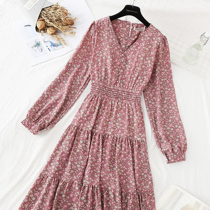 V-neck elastic waist covering belly, thin broken flower bottomed skirt  4057