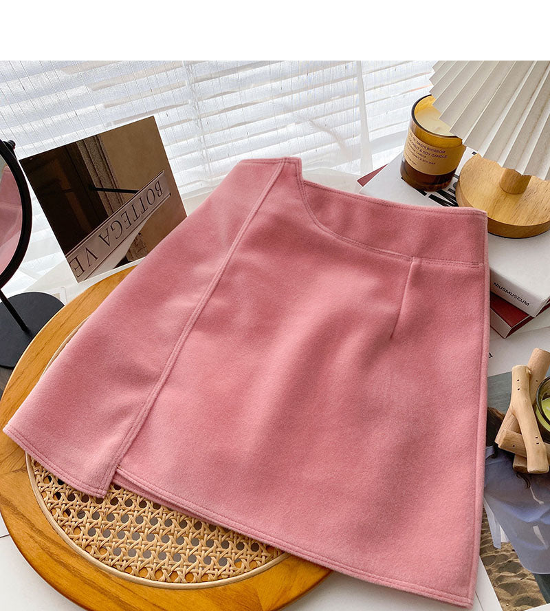 High waist irregular tweed skirt sweet solid color  5354