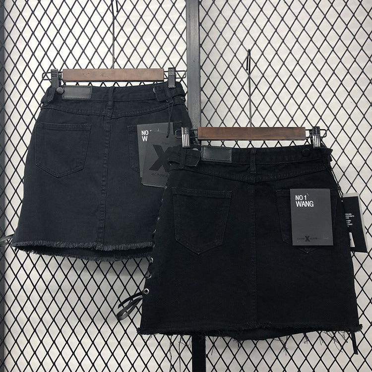 Side strap high waistwomen's denim skirtA line skirt  3718