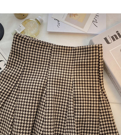 Design sense of niche Hong Kong style high waist thousand bird check skirt  5418