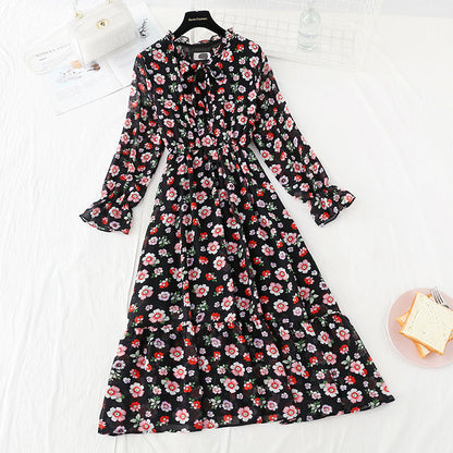 Lace up collar French soft wind Floral Dress  3837