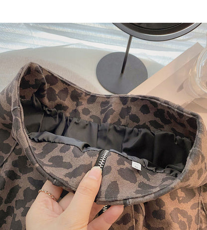 Design sense personalized fashion zipper high waist A-line leopard skirt  5448