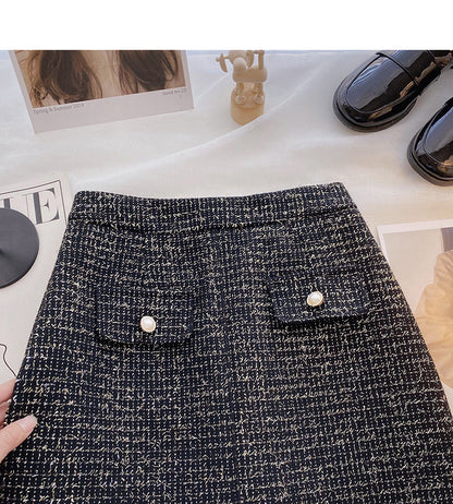 Korean retro small fragrance bright silk high waist A-shaped skirt  5393