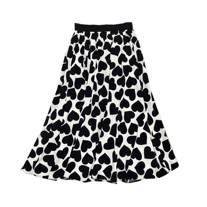 Summer skirt, heart print A-line skirt, cotton drape midi umbrella skirt  3676