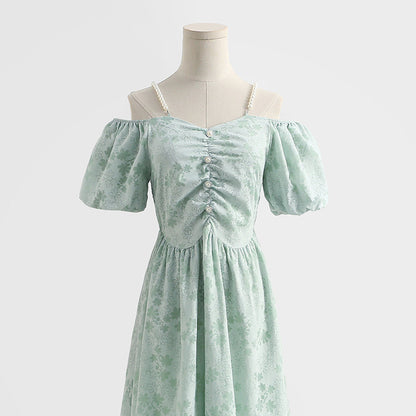 French off shoulder suspender cotton linen dress  4293