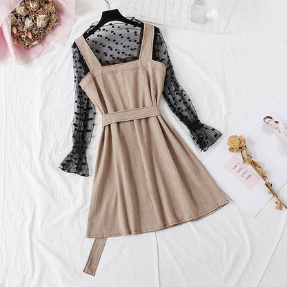 Suspender dress + Polka Dot mesh bottomed shirt set female  4710