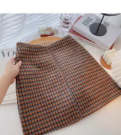 The new Korean retro style shows a thin Plaid hip wrap skirt  5531