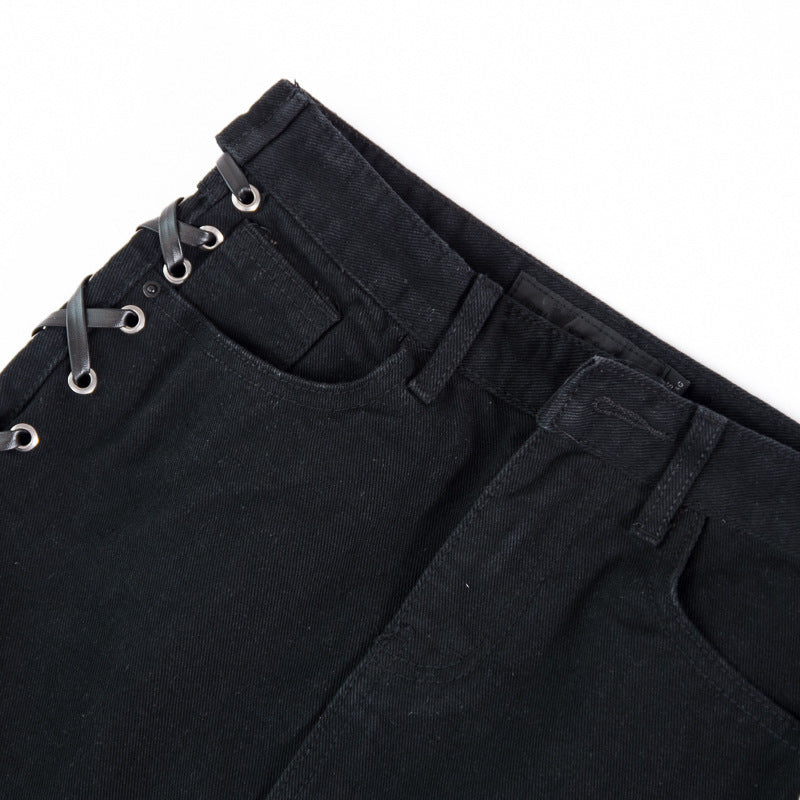Side strap high waistwomen's denim skirtA line skirt  3718