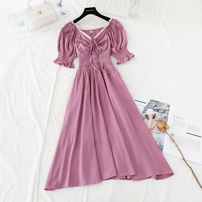 New style bubble sleeve length French retro skirt with slim waist  4218
