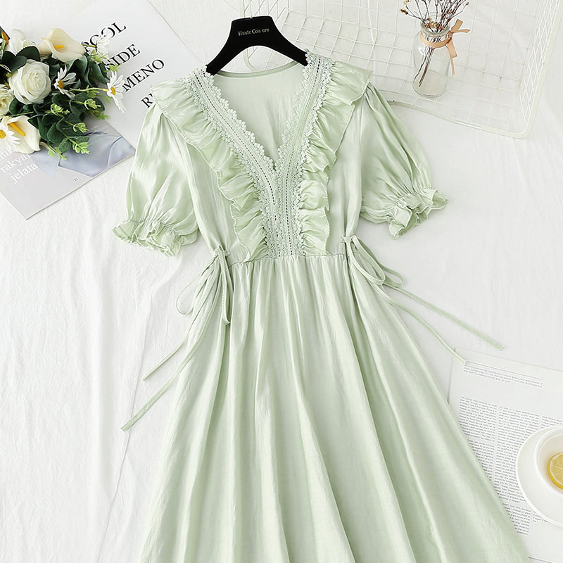Cotton linen dress French gentle V-neck lace skirt  4887