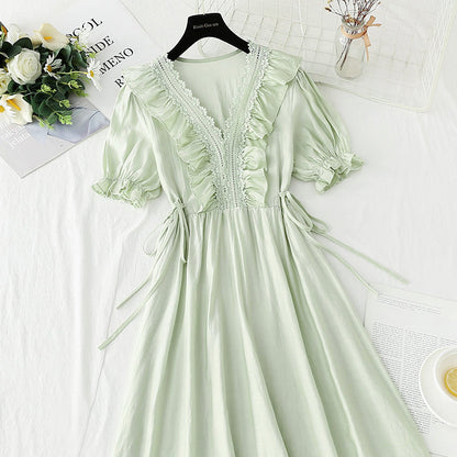 Cotton linen dress French gentle V-neck lace skirt  4887