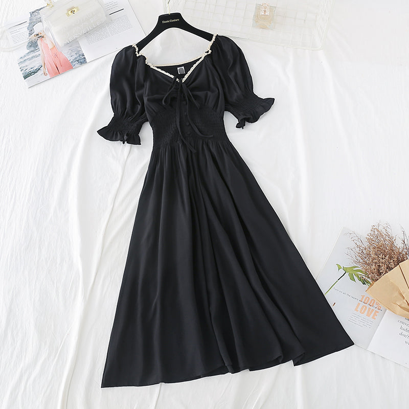 New style bubble sleeve length French retro skirt with slim waist  4695