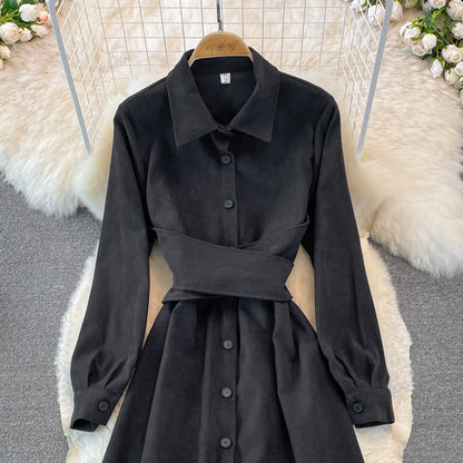Corduroy bandage single breasted shirt skirt  3762