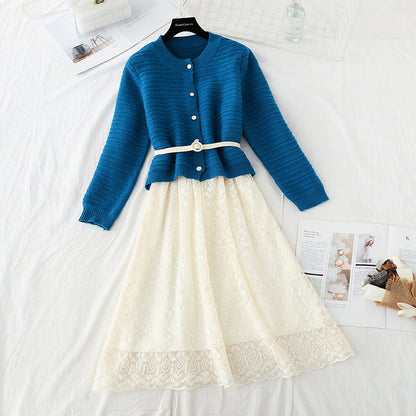 Sweater with lace skirt age reduction suit fashion two-piece suit  4557