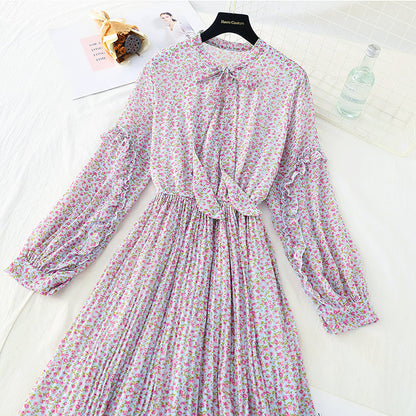 Bow tie Floral Chiffon slim dress  3886