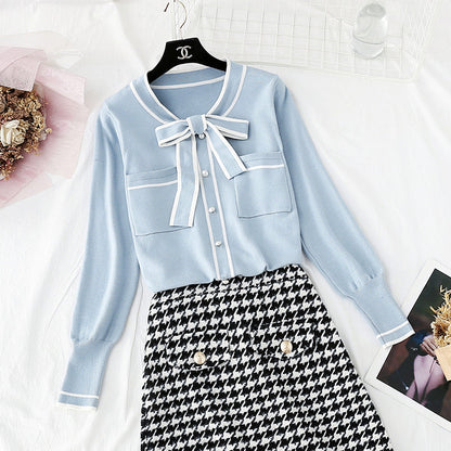 Knitwear + tweed skirt two piece dress   3951