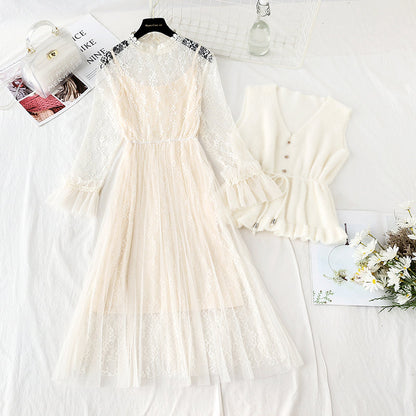 Lace inside dress vest skirt two piece suit  4742