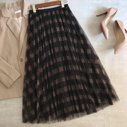 New gauze skirt, plaid print high waist skirt, long pleated skirt  3703