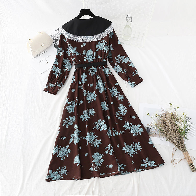 Slim temperament gentle wind retro Lapel lace stitched Chiffon Skirt  4809