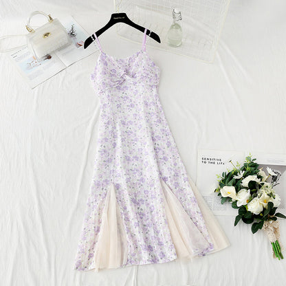 Design sense niche purple fishtail skirt Chiffon floral suspender dress  4124