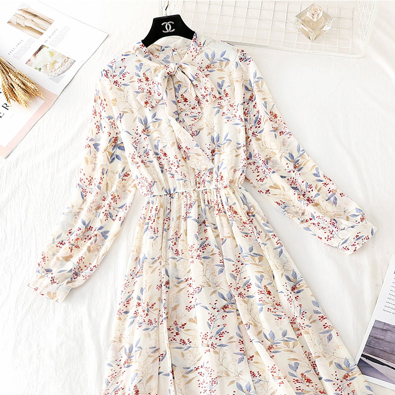New French style long sleeve Floral Chiffon Skirt  4444