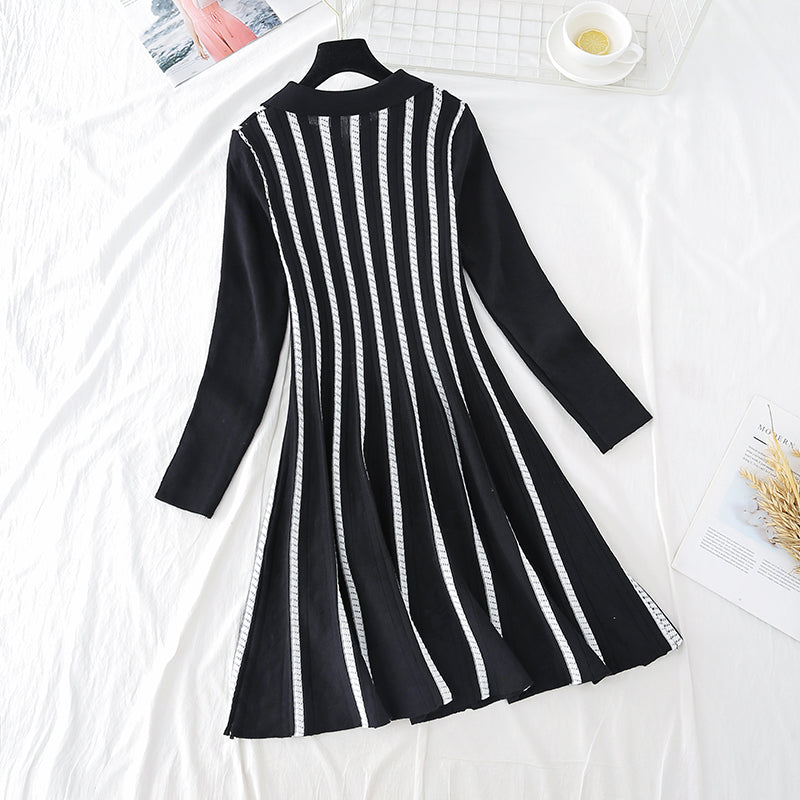 French Long Sleeve Striped fashion age reducing thin bottomed knitted skirt  3916
